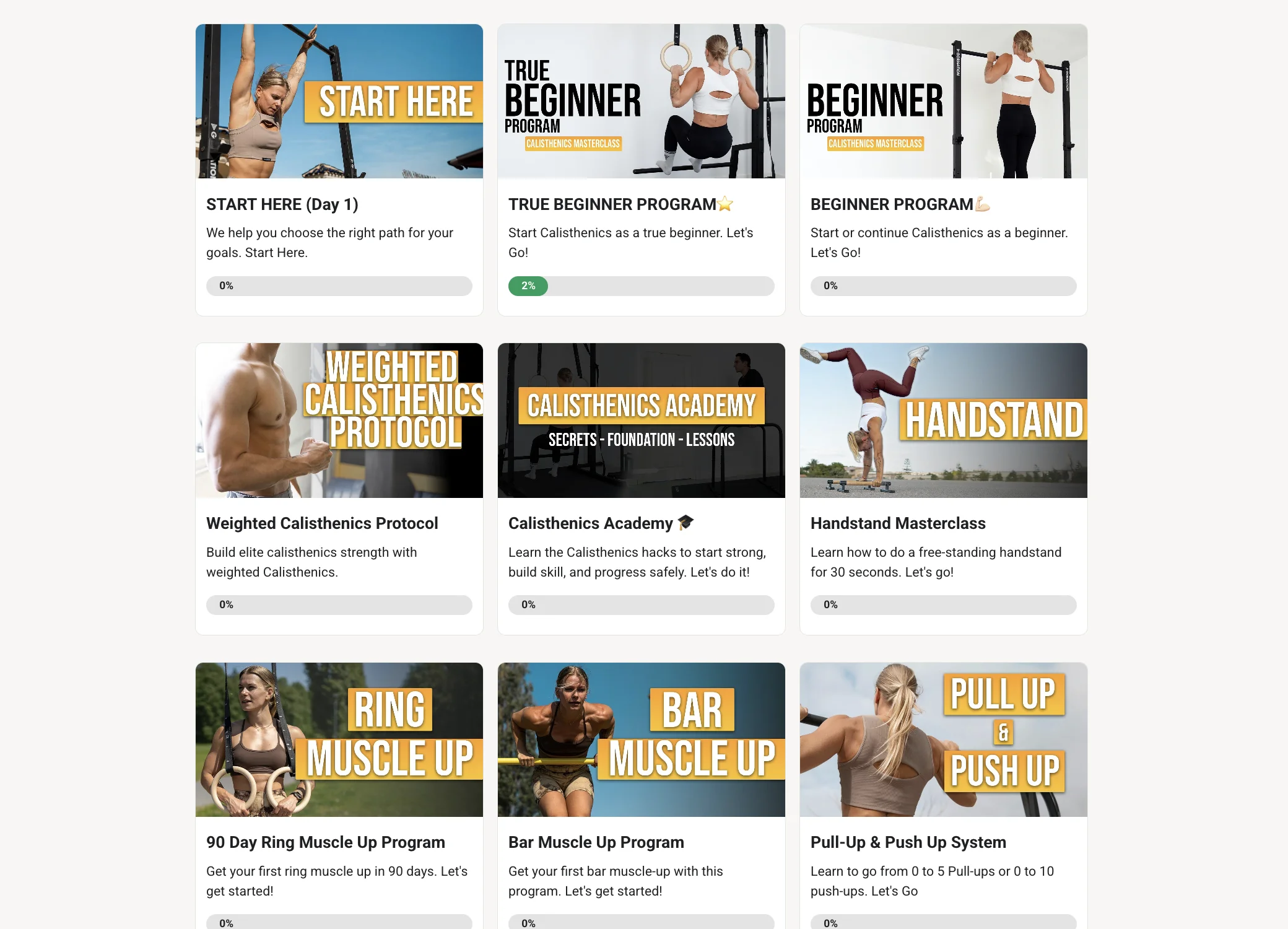 Calixpert membership program overview showing all available calisthenics programs in a grid layout