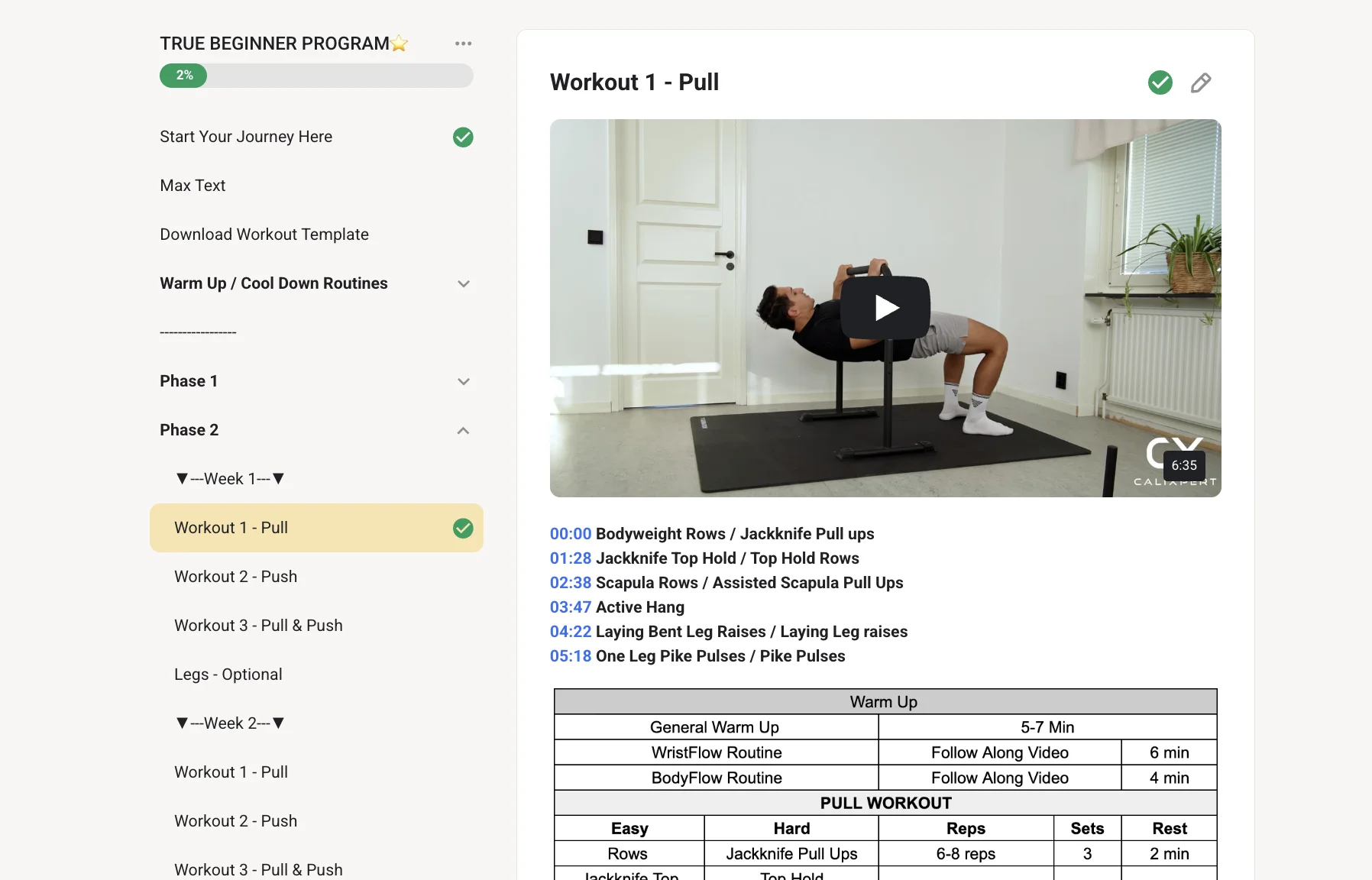 Calixpert video lesson interface showing a pull workout with exercise timestamps and workout table